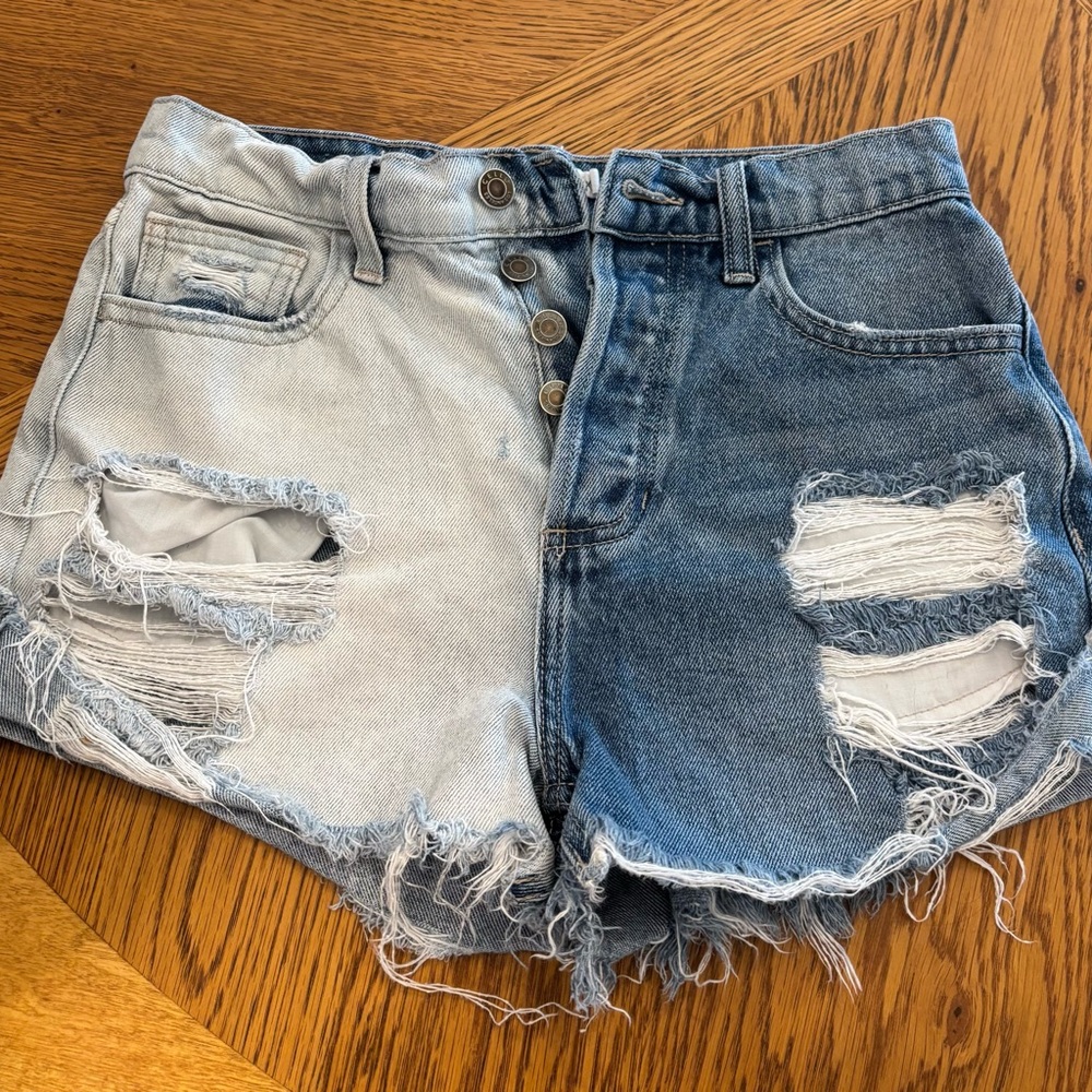 Two-Tone Distressed Denim Shorts